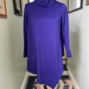 EILEEN FISHER Sweater Small Wool Fine Knit Tunic Cowl Neck Asymmetric Purple
